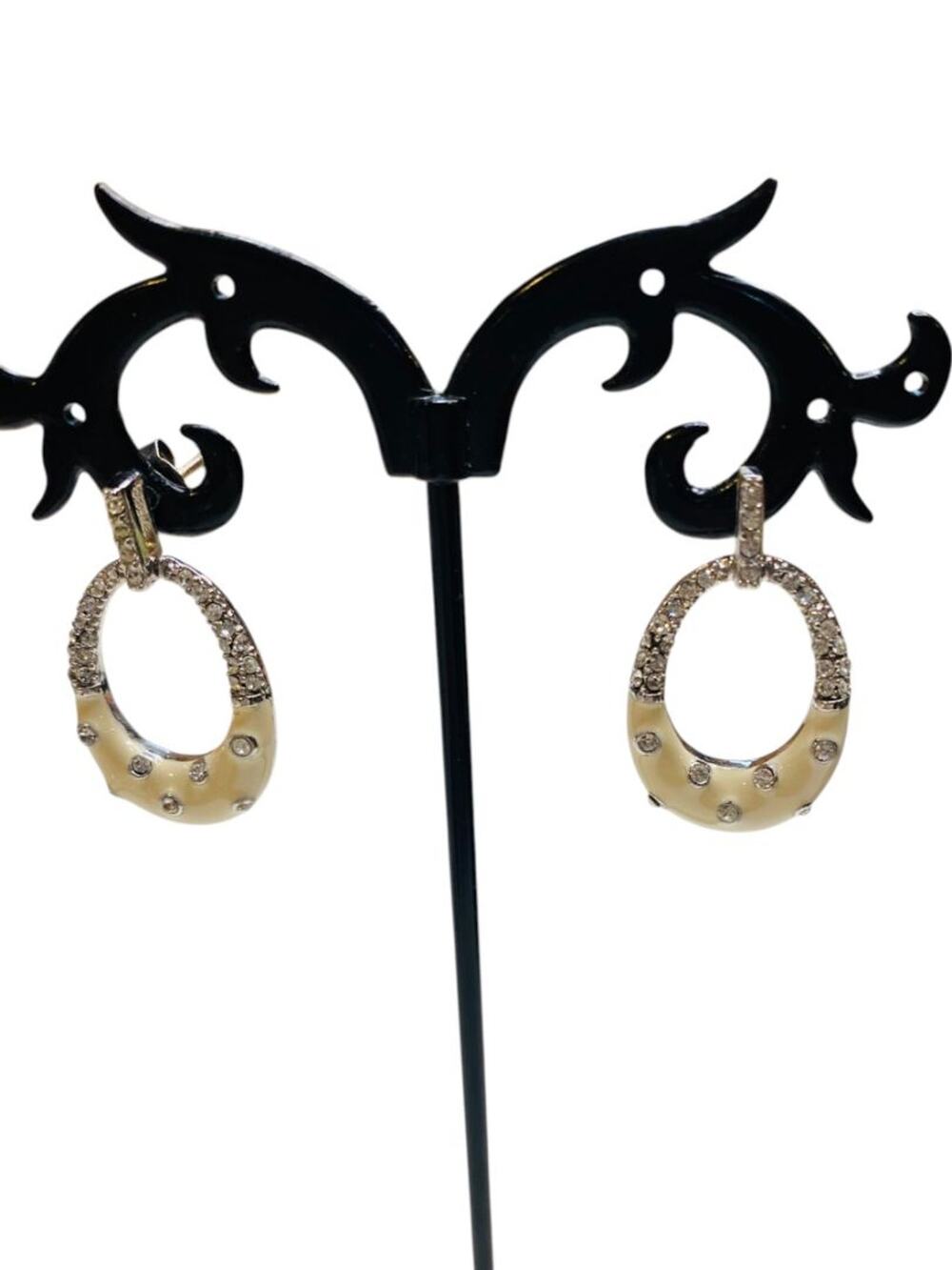 Silvertone and Ivory Color Enameled Sparkly Pierced Earrings 1.25" Drop
